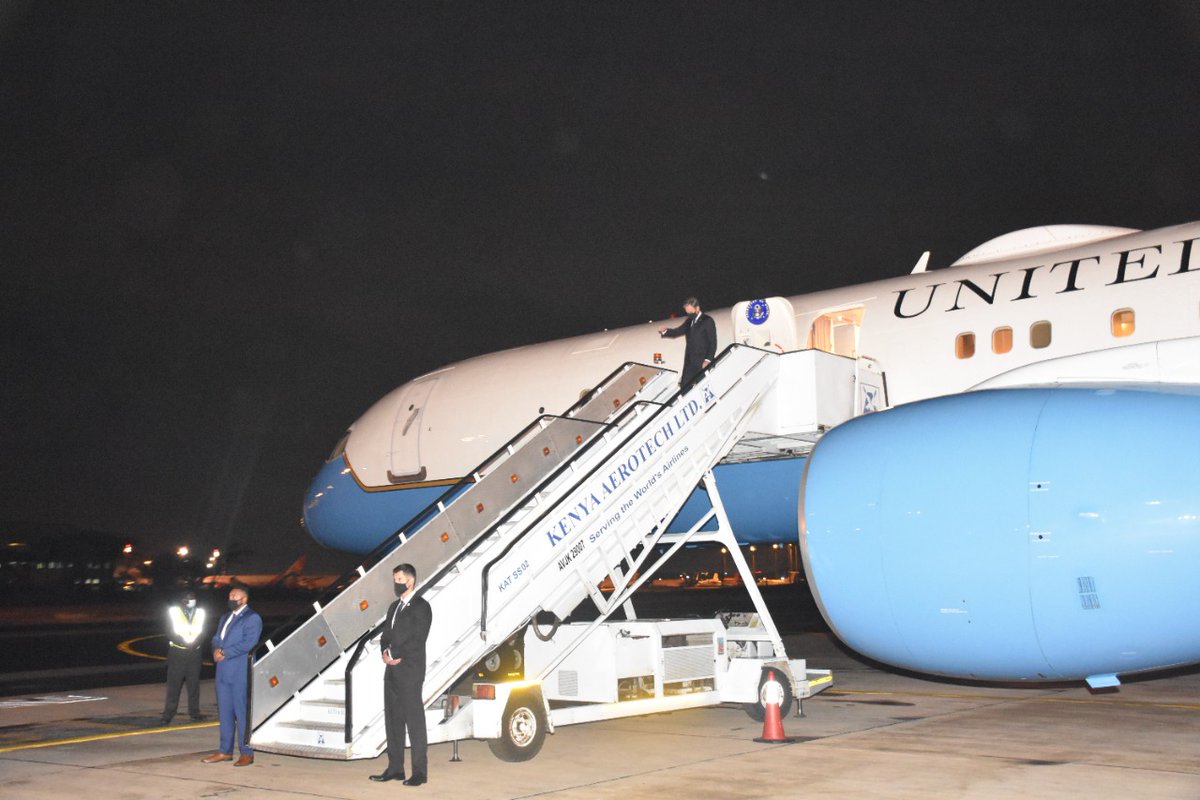 ForeignOfficeKE's tweet photo. US Secretery of State Antony Blinken arrives in Kenya early today at the start of his Africa visit. Blinken was received at the #JKIA by Amb Raychelle Omamo, Foreign Affairs Cabinet Secretary. With her was Kenya's Amb to Washington DC Lazarus Amayo. https://t.co/ffs0ZKqUlb