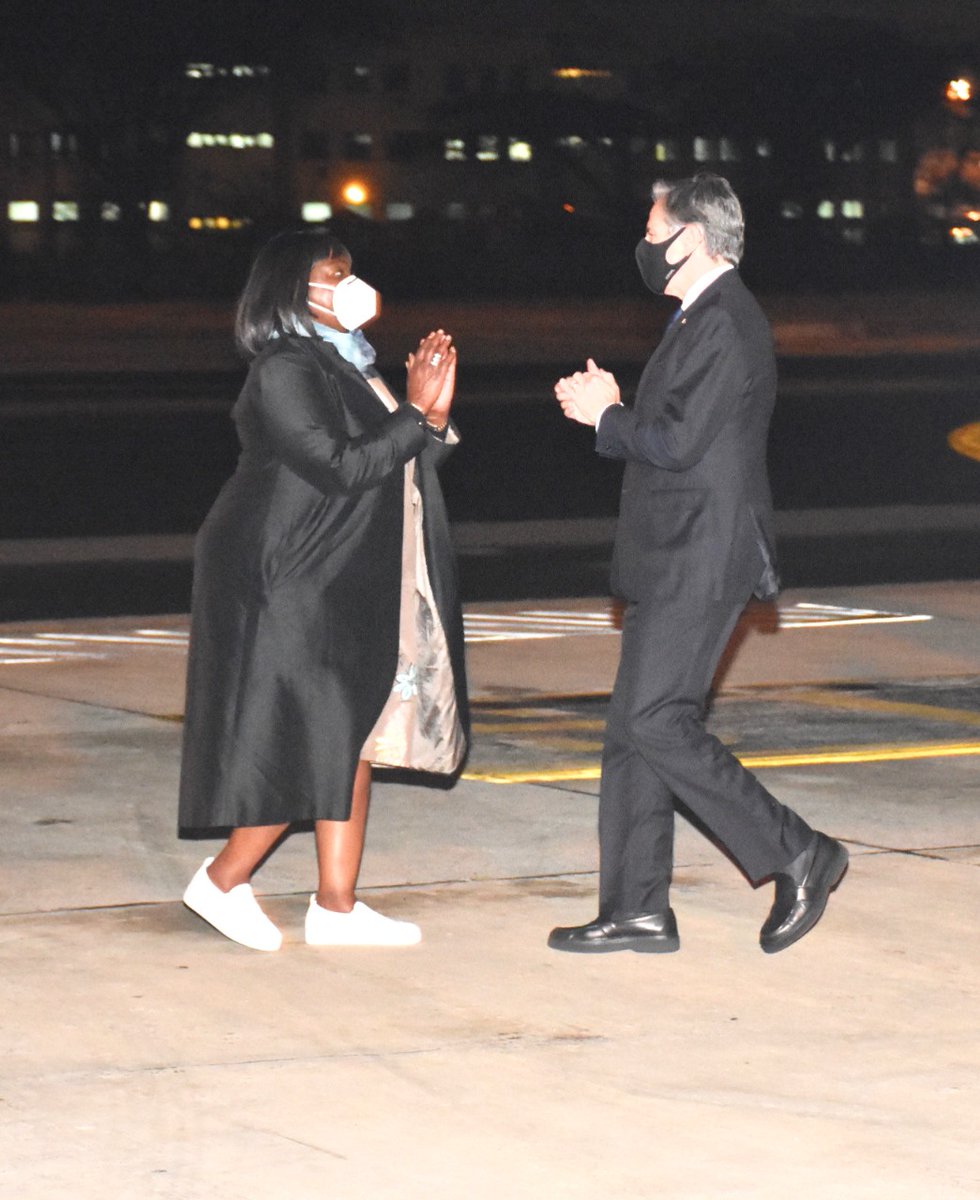 ForeignOfficeKE's tweet photo. US Secretery of State Antony Blinken arrives in Kenya early today at the start of his Africa visit. Blinken was received at the #JKIA by Amb Raychelle Omamo, Foreign Affairs Cabinet Secretary. With her was Kenya's Amb to Washington DC Lazarus Amayo. https://t.co/ffs0ZKqUlb