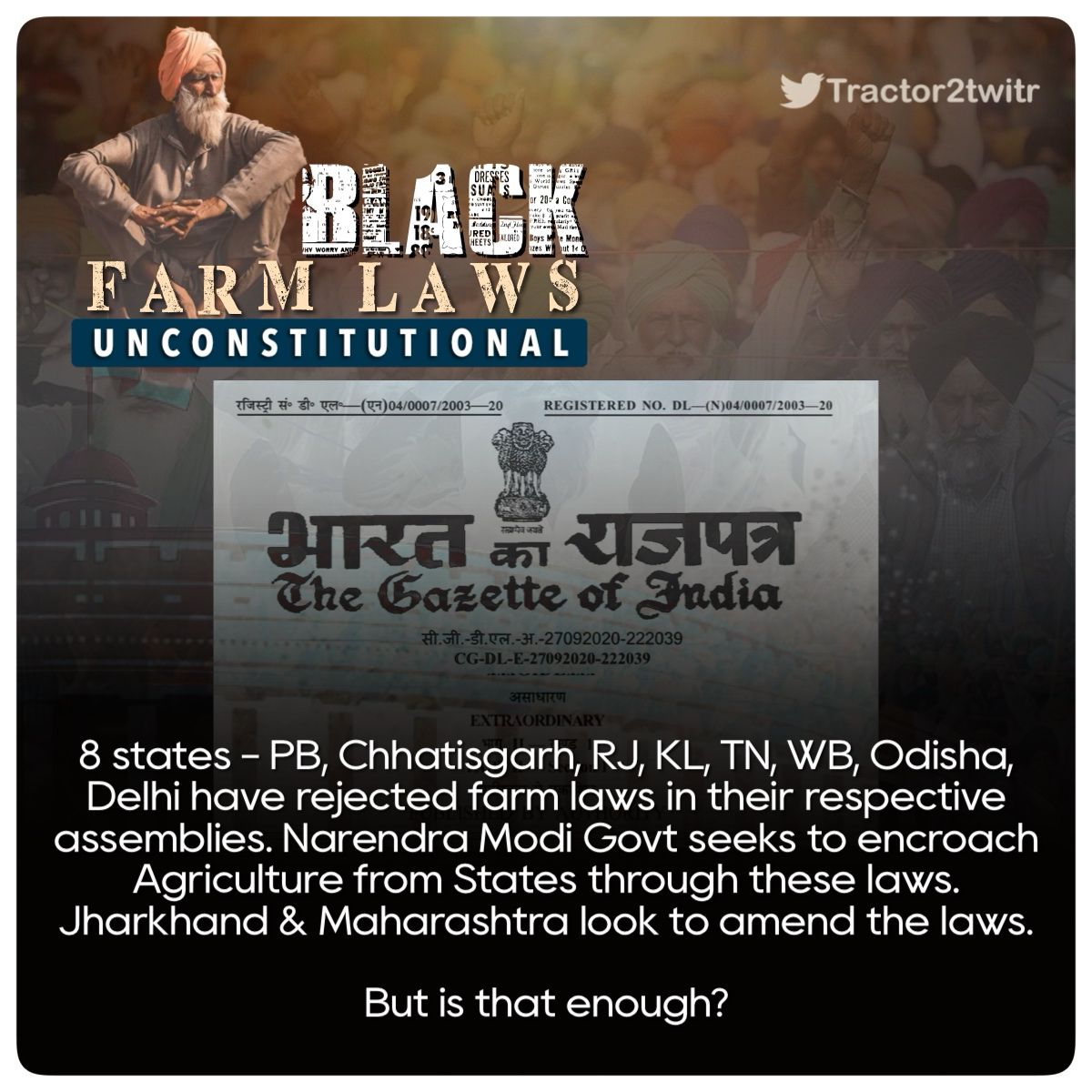 rajmorcha's tweet photo. CENTRE govt. Encroached rights of states by passing unconstitutional farm trade laws.
Agricultural is a STATE subject and farmers do marketing of their crops,not trading.
Can't we go to supreme court?
@ashokgehlot51
@MamataOfficial 
@bhupeshbaghel
#FarmLaws_Unconstitutional https://t.co/cxELiR6BQz