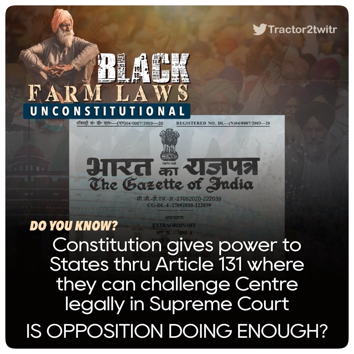 rajmorcha's tweet photo. CENTRE govt. Encroached rights of states by passing unconstitutional farm trade laws.
Agricultural is a STATE subject and farmers do marketing of their crops,not trading.
Can't we go to supreme court?
@ashokgehlot51
@MamataOfficial 
@bhupeshbaghel
#FarmLaws_Unconstitutional https://t.co/cxELiR6BQz
