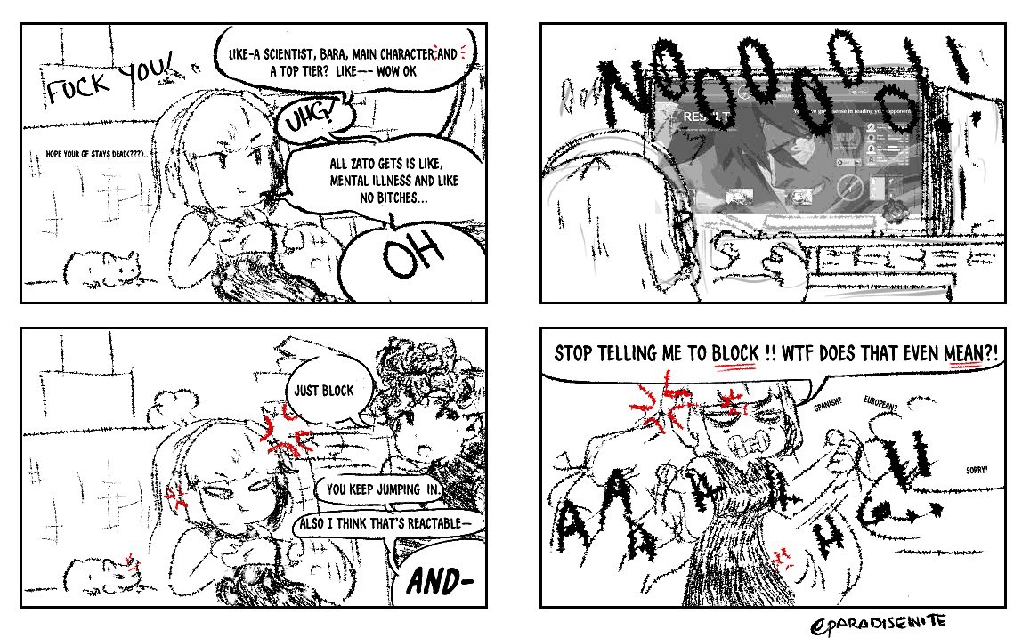 Literally stop telling me to (redacted)! I don't know what you're saying also I hate fighting Sol