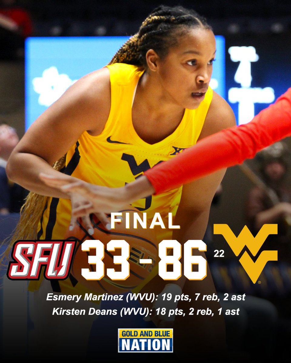 GoldAndBlueNtn's tweet photo. CUE COUNTRY ROADS! #WVU women's hoops opens the season with a blowout win over SFU. Five Mountaineers score in double-figures to tip the season off!

#HailWV | #PhysicalFor40 https://t.co/xzoKmd8pu5