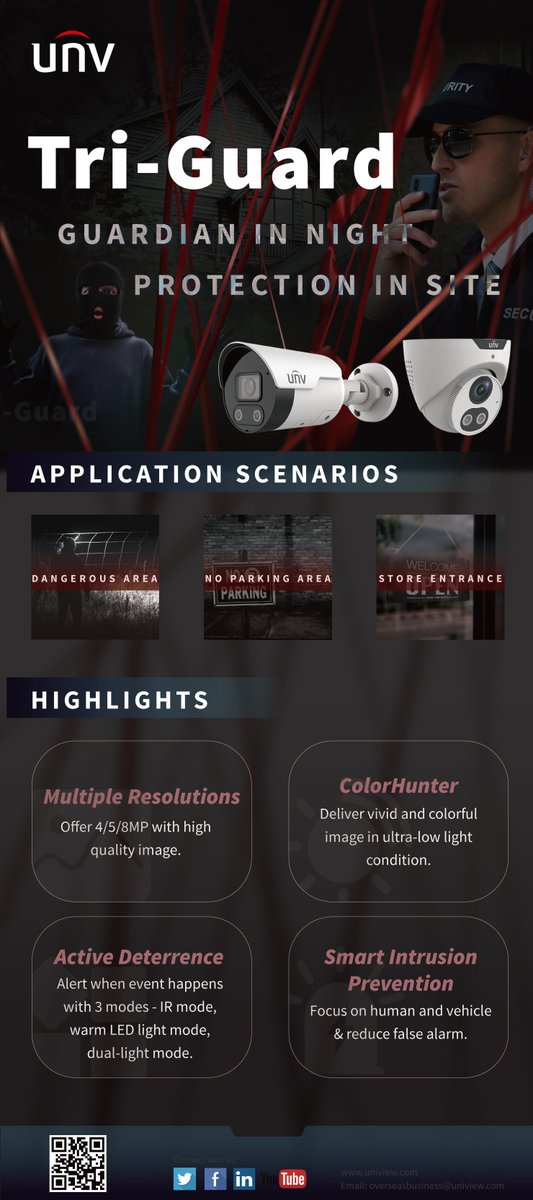 UniviewTech's tweet photo. UNV Tri-Guard series comes with multiple resolutions, ColorHunter technology, active deterrence and smart intrusion prevention, which we highly recommend you to have one for your security management at night!
#Uniview #TriGuard https://t.co/P0ApXBDxHE
