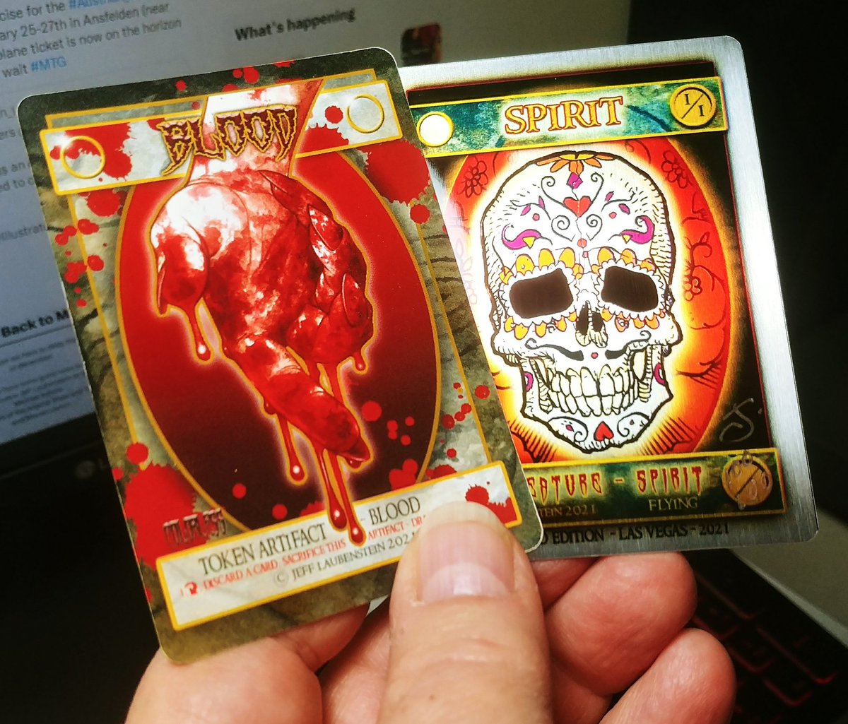 IllustratorJeff's tweet photo. 3 days until blood is spilt and spirits rise. Las Vegas is the site for a gathering of the clans. Werewolves, Vampires &amp; Ghosts will take to the streets to celebrate a return to #Magic. Find me &amp; you'll find these sweet tokens. See you there. #bloodtoken #spirittoken #MTG #token https://t.co/YMNDs06cJT
