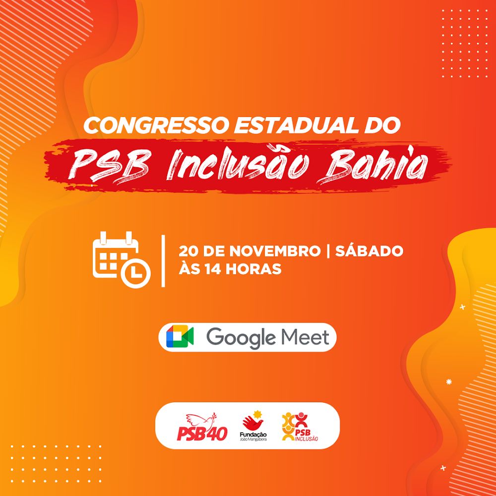 incluaaopsbba's tweet photo. O congresso Estadual do PSB Inclusão Bahia, vai acontecer no dia 20 de novembro, às 14 horas, online no google meet, no link https://t.co/cB2p2mNIRq . Esse congresso vai dar posse à coordenação do segmento na Bahia. Não percam esse momento histórico. https://t.co/gNH6R7Y3Hq