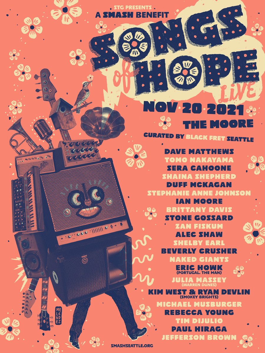 Incredibly excited for <a href="/smash_access/">Musicians Access to Sustainable Healthcare</a> #SongsofHope: LIVE! this Sat Nov 20 at the Moore Theatre <a href="/stgpresents/">Seattle Theatre Group</a> curated by @Blackfret! Join us in supporting accessible preventive #healthcareformusicians in the #PugetSound area w/ performances by #PNW favorites! #SMASHSeattle