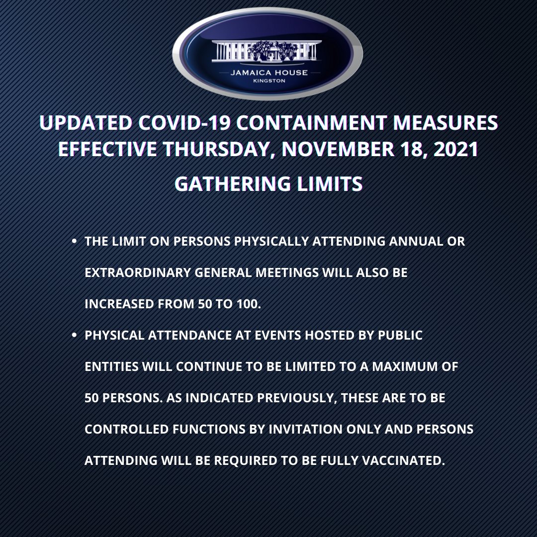 AndrewHolnessJM's tweet photo. Updated COVID-19 CONTAINMENT MEASURES #GatheringLimit #GetVaccinated #VaccinateJa #StaySafeVaccinate #everyvaxcounts #GetVaccinatedGetBackToLife https://t.co/oqFelqdSrg
