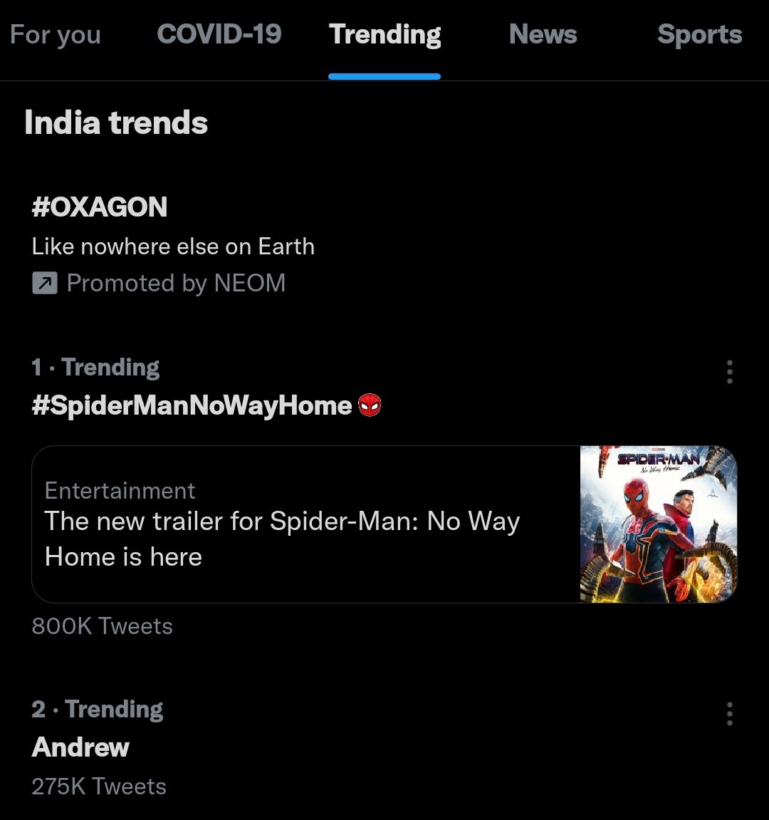 Marvel_Stans's tweet photo. WE ARR DOMINATING INDIAN TWITTER RIGHT NOW 💥🔥

Trending at #1 In India 

#SpiderManNoWayHomeTrailer 
#SpiderManNoWayHome https://t.co/1kgyIpGIcH