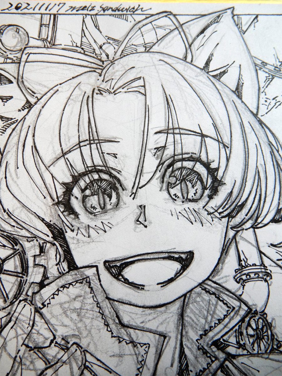 【作業中】タイプの違うフレームがまだあるのでミニ色紙あと一枚。ラフを描いたのは昨日の夜で、一気に仕上げたかったけど昼夜逆転してしまうので今朝清書。
#線画 #狐娘 