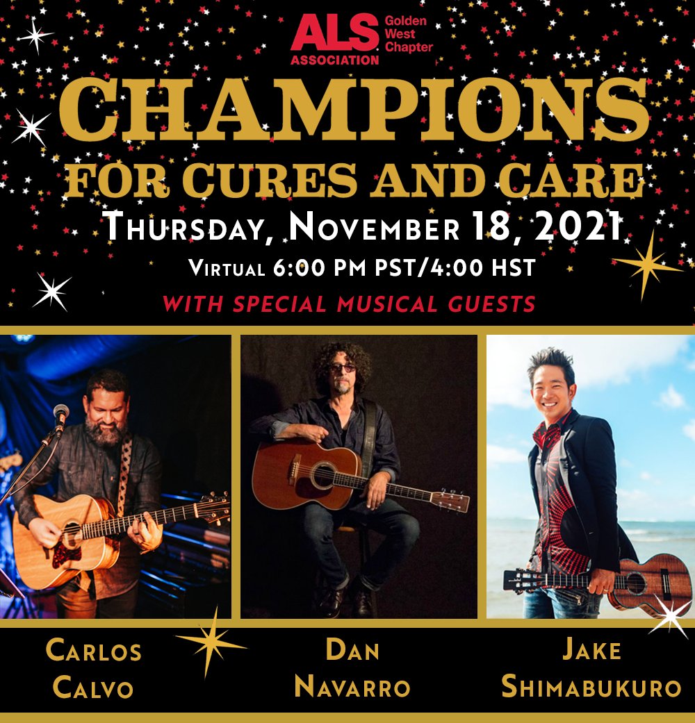 ALS Network (@youralsnetwork) on Twitter photo TICKETS STILL AVAILABLE, BUT ACT NOW! Our Champions for Cures and Care is featuring the talented <a href="/thecarloscalvo/">Carlos Calvo</a>, @dannavarro, and <a href="/JakeShimabukuro/">Jake Shimabukuro</a>, with <a href="/OsteriaMozza/">Osteria Mozza</a>'s celebrity Chef Nancy Silverton & our host <a href="/billyharris/">Billy Harris</a>! Purchase your tickets now at alschampions.org. TICKETS STILL AVAILABLE, BUT ACT NOW! Our Champions for Cures and Care is featuring the talented <a href="/thecarloscalvo/">Carlos Calvo</a>, @dannavarro, and <a href="/JakeShimabukuro/">Jake Shimabukuro</a>, with <a href="/OsteriaMozza/">Osteria Mozza</a>'s celebrity Chef Nancy Silverton & our host <a href="/billyharris/">Billy Harris</a>! Purchase your tickets now at alschampions.org.