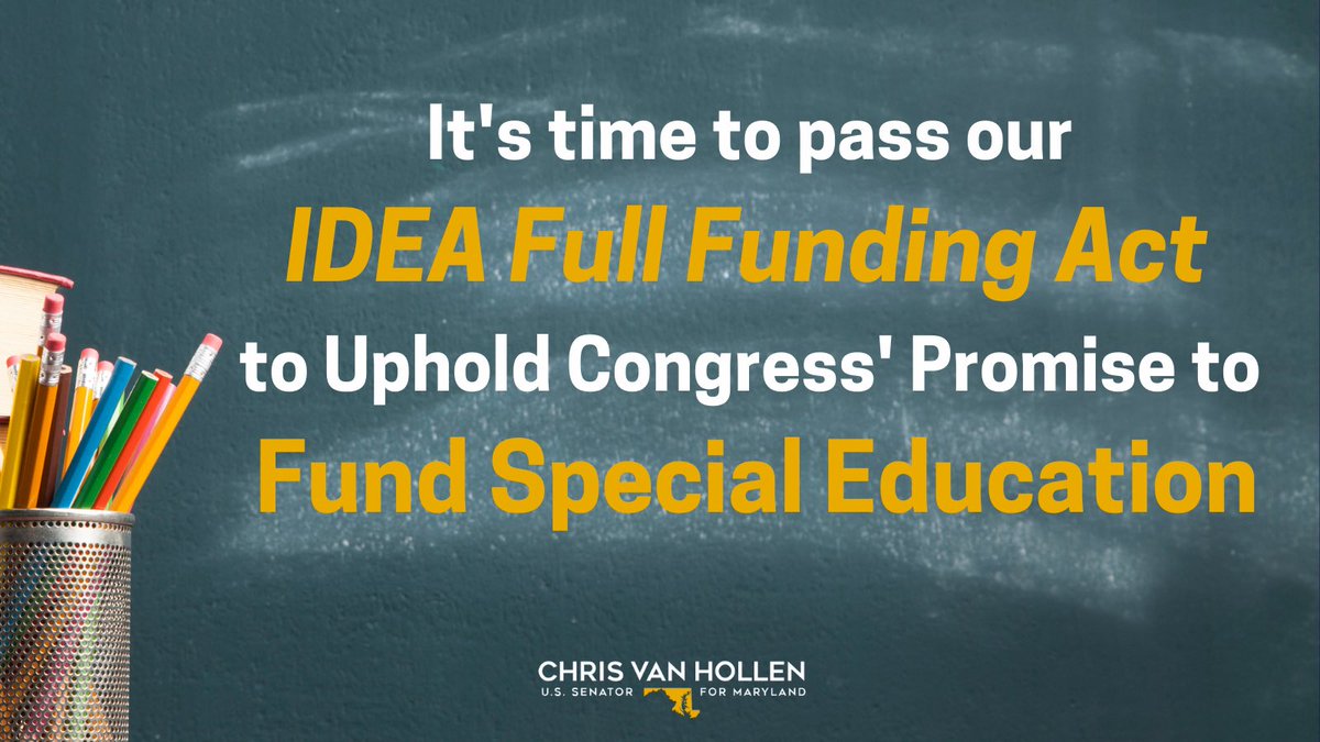 ChrisVanHollen's tweet photo. Every child deserves a quality education. But for 45 years, Congress has failed to fund its promised share of support for special education. By fixing this – and finally fully funding IDEA – my bill with @RepHuffman will help meet our commitments to all our students. https://t.co/btcYowNT8N