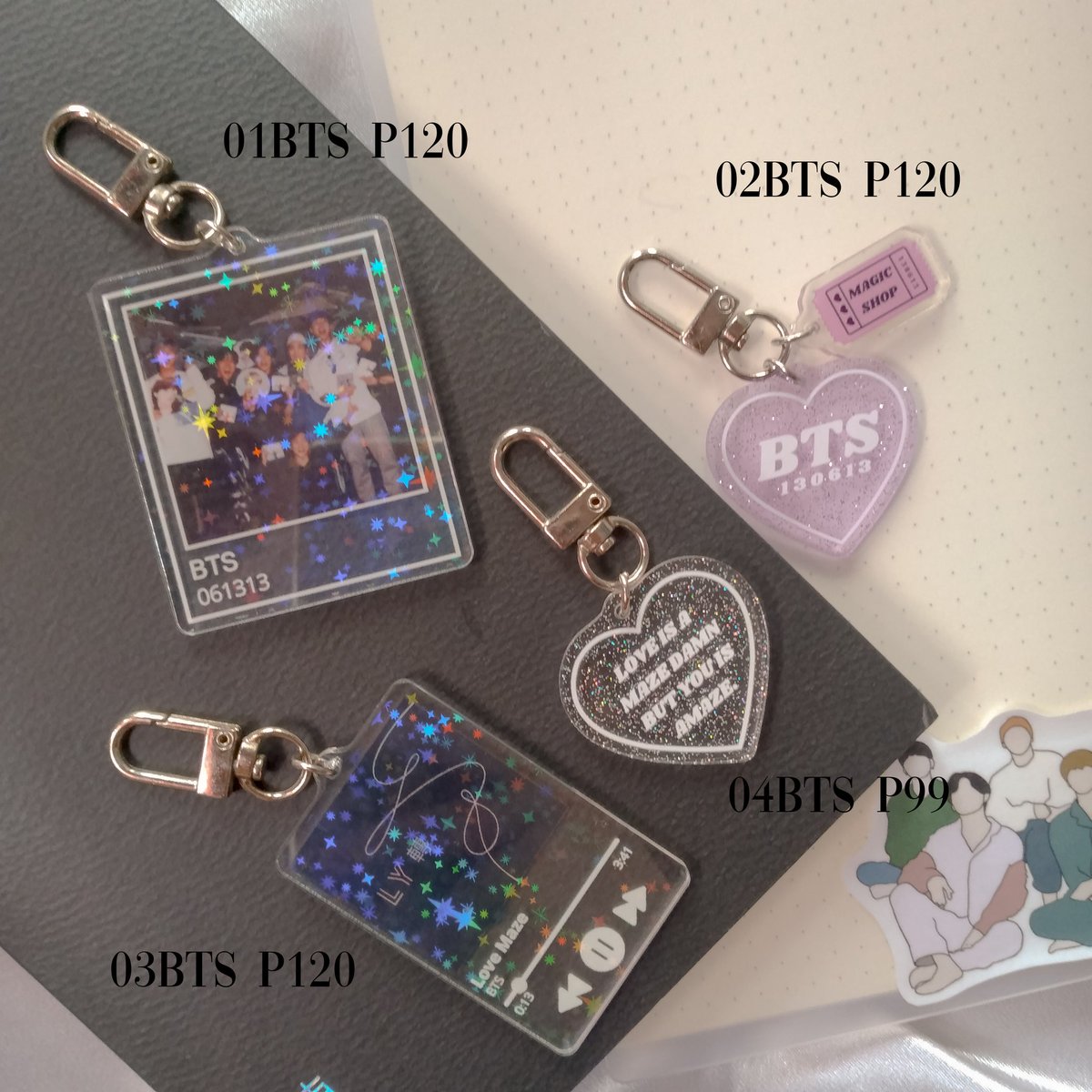 ꒰ #minakicartsells ꒱ help rt pls !
— 🛒 : bts acrylic keychains

💰 P99-120
↳ onhand
↳ holo effect (01 &amp; 03)
↳ glittered (02 &amp; 04)
↳ dm or mine to claim
↳ gcash — ggx, lalamove

⌗ wts lfb merch ph jungkook jk taehyung v jimin jhope hobi namjoon suga yoongi jin seokjin
