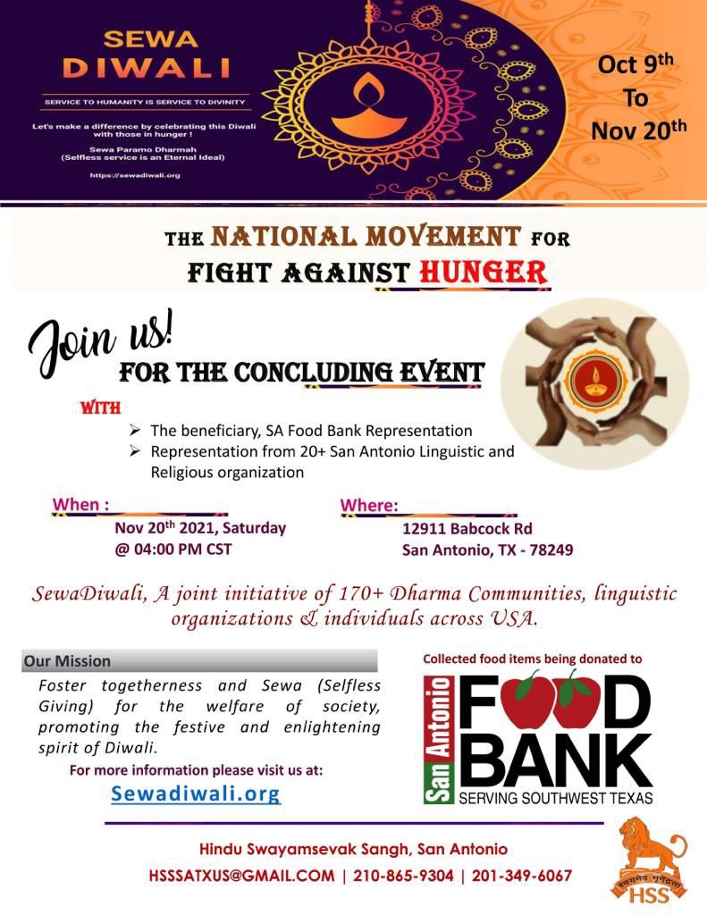 hsssatx's tweet photo. Nov 20th is the concluding day of sewa diwali San Antonio food collection drive. We will handover all the collection to wonderful partner SA Food bank. Please note place and time in flyer below @safoodbank @COSAIRO @COSAGOV @BexarCounty @City_of_Helotes https://t.co/EeQAdAMteB