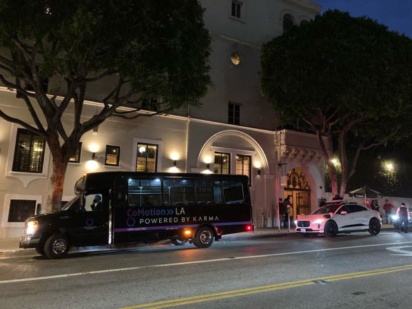 KarmaAutomotive's tweet photo. Powered by Karma is happy to be at @CoMotionNEWS LA this year - bringing together leaders from across industry, govt, and academia to discuss &amp; work to shape the future of mobility! All aboard our 100% electric shuttle providing transport to this evening’s VIP kick-off reception https://t.co/z44H5kut1S