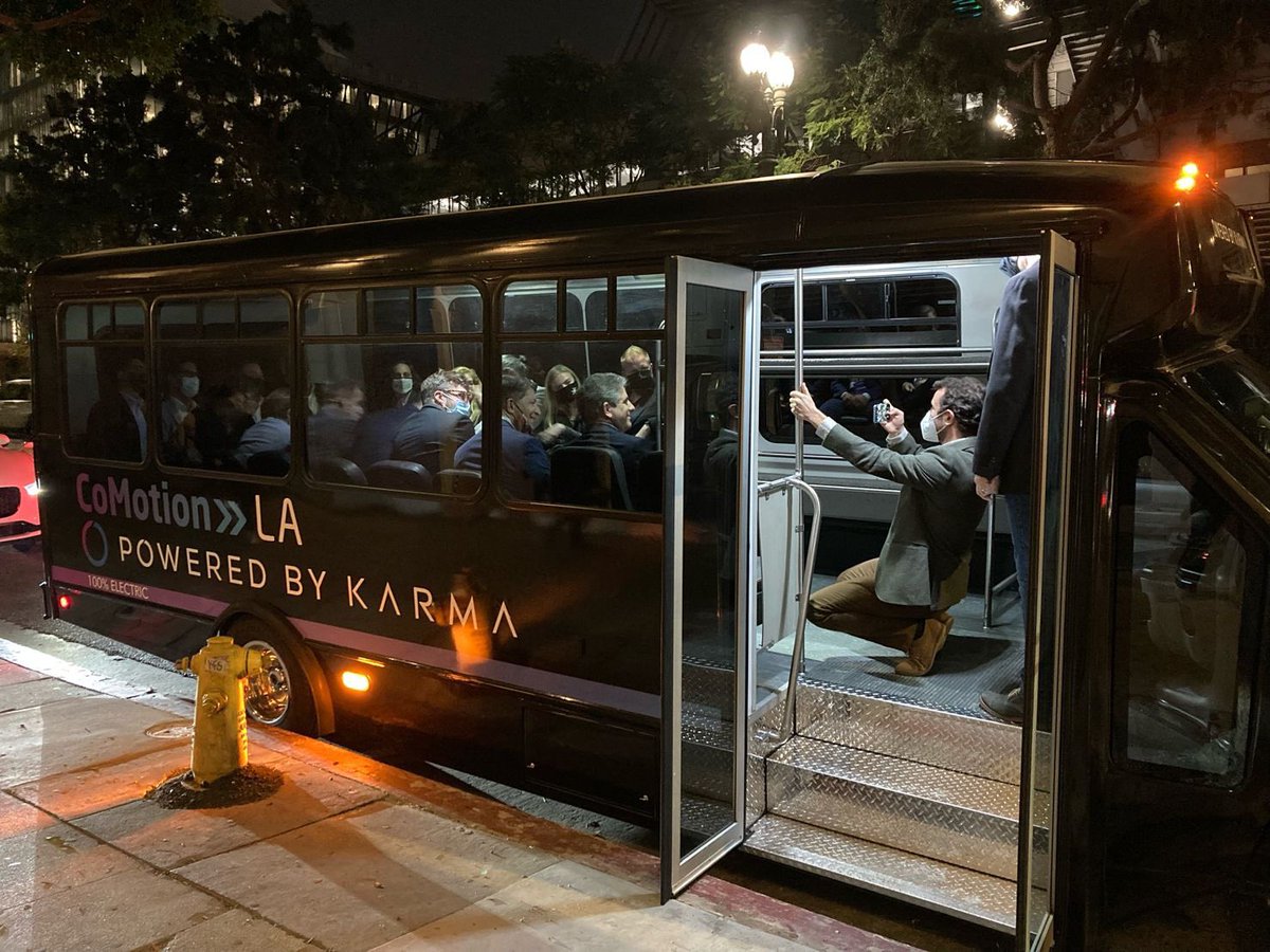 KarmaAutomotive's tweet photo. Powered by Karma is happy to be at @CoMotionNEWS LA this year - bringing together leaders from across industry, govt, and academia to discuss &amp; work to shape the future of mobility! All aboard our 100% electric shuttle providing transport to this evening’s VIP kick-off reception https://t.co/z44H5kut1S