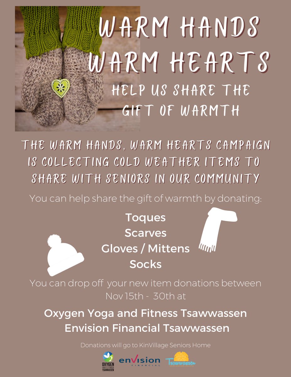 MargetsonLisa's tweet photo. From Nov 15 – 30 please help share the gift of warmth by donating new cold weather items at Oxygen Yoga and Fitness or Envision Financial Tsawwassen location. All items donated given to KinVillage.  @SunnyTsawwassen @rotarytsaw @tsawtcm @CityofDeltaBC @EnvisionFin @DeltaOptimist https://t.co/6XbiHgPQZG