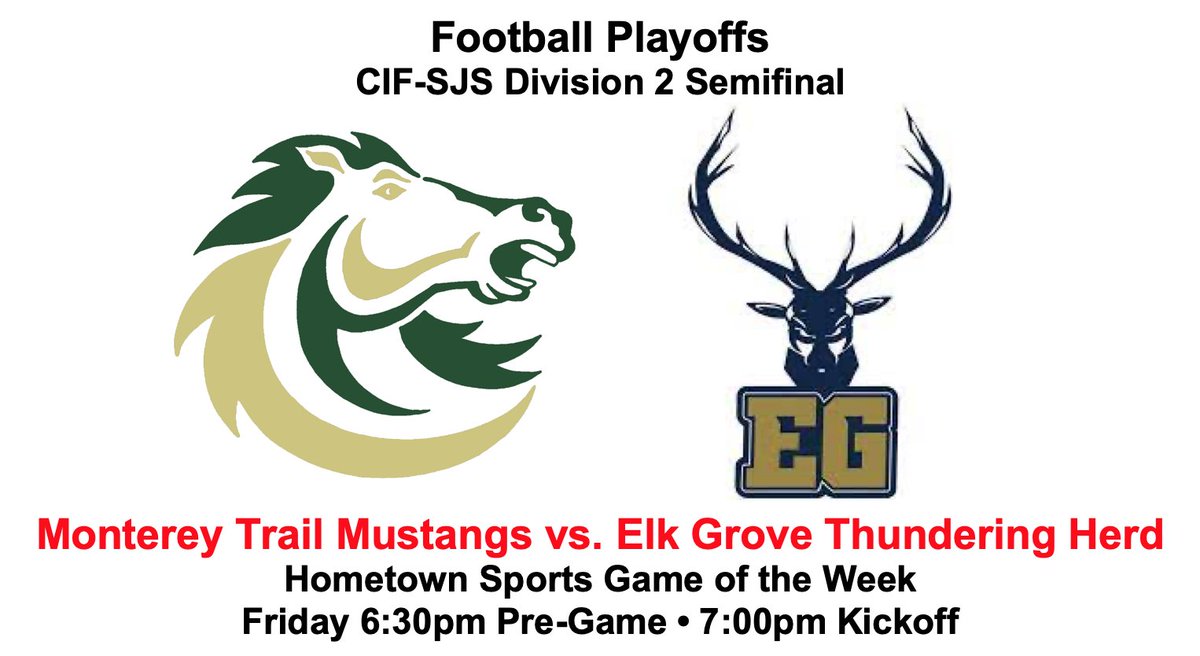 High School football on TV: Monterey Trail at Elk Grove Friday for the CIF-SJS D-2 football semifinal. Watch on Cable 17, AT&amp;T 14 and the NFHS Network bit.ly/NFHS_AcSac <a href="/elk_herd/">Elk Grove Thundering Herd Football</a> <a href="/MontereyTrailHS/">Monterey Trail HS</a> <a href="/TrailMustang/">Monterey Trail Mustang Football</a> <a href="/EGHerdPride/">EGHS Thundering Herd</a> <a href="/SacBee_JoeD/">Joe Davidson</a> <a href="/EGCSports/">Elk Grove Citizen</a> <a href="/GoodyGivinGame/">Goody</a>