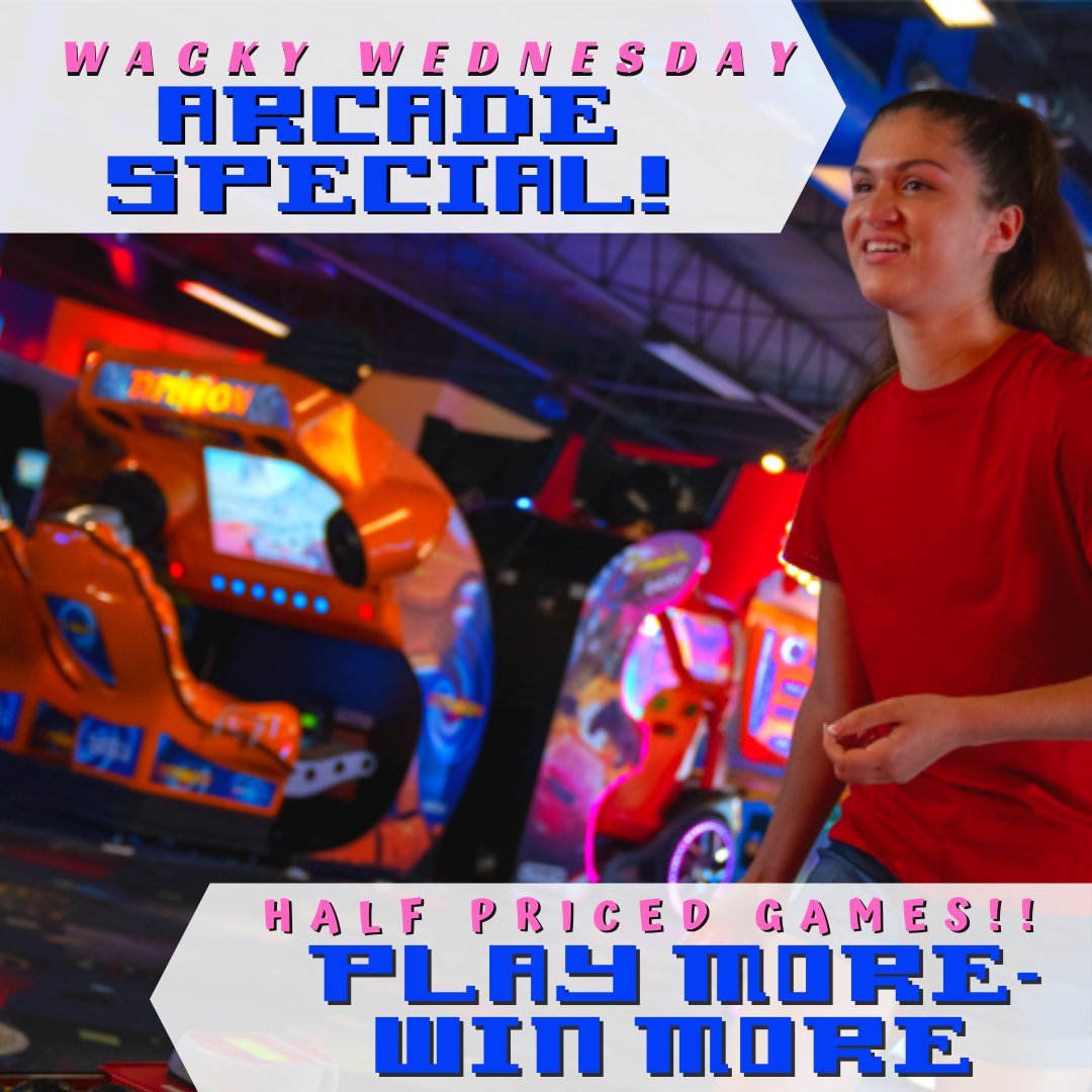 🌟#PlayMore #WinMore on #WackyWednesday at our #arcades ! Come into our parks on #Wednesday and double your fun! We've halved the prices on our arcade games 🕹️for your afternoon binge #gaming 👾Half Price Arcade Special is valid on Wednesdays ONLY 👾