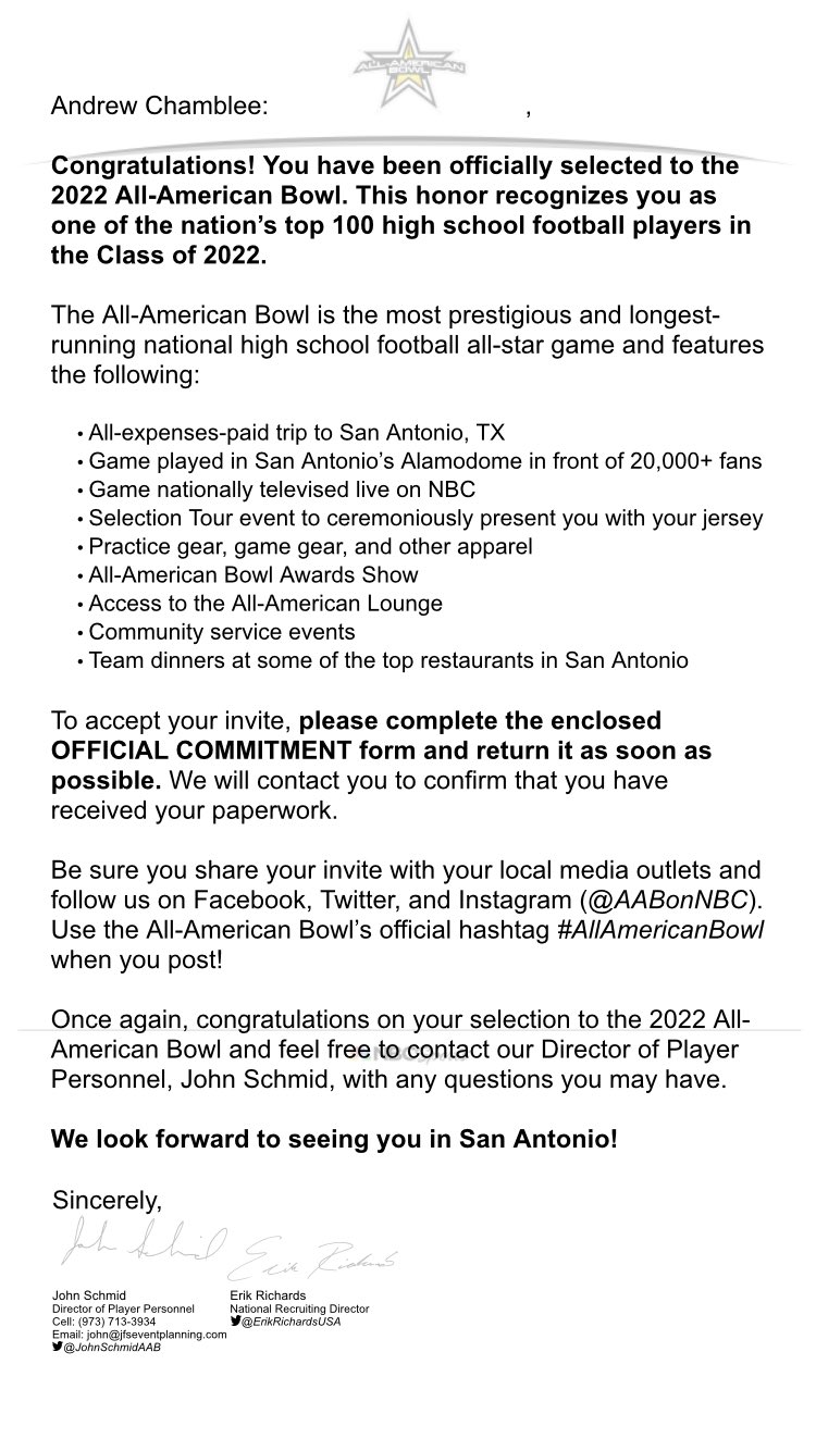 Andrew Chamblee on Twitter: "Truly honored and bless to receive an  invitation to the 2022 All-American Bowl. @AABonNBC  https://t.co/g6Vob97Yam" / Twitter
