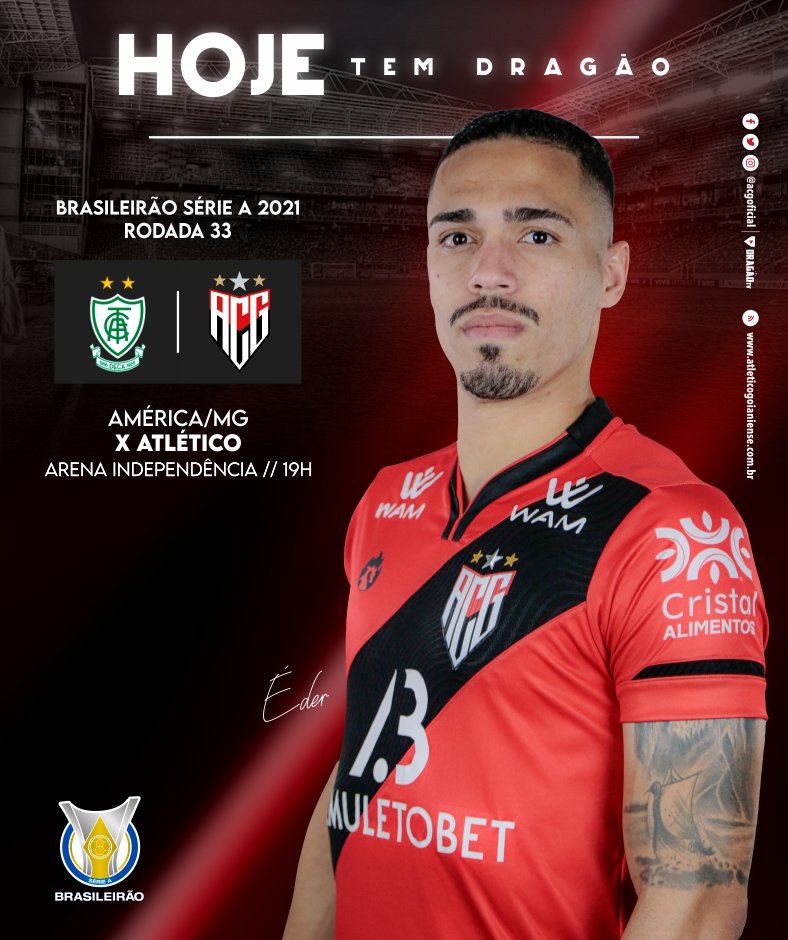 HOJE TEM ATLÉTICO CLUBE GOIANIENSE! 🇹🇹🔥
⠀
⚽ América-MG x Atlético Goianiense 
🏆 <a href="/Brasileirao/">Brasileirão Betano</a> Série A
⌚ 19h00
🏟 Arena Independência
📺 <a href="/canalpremiere/">Premiere</a> 
⠀
#AFCxACG #DRAGÃO