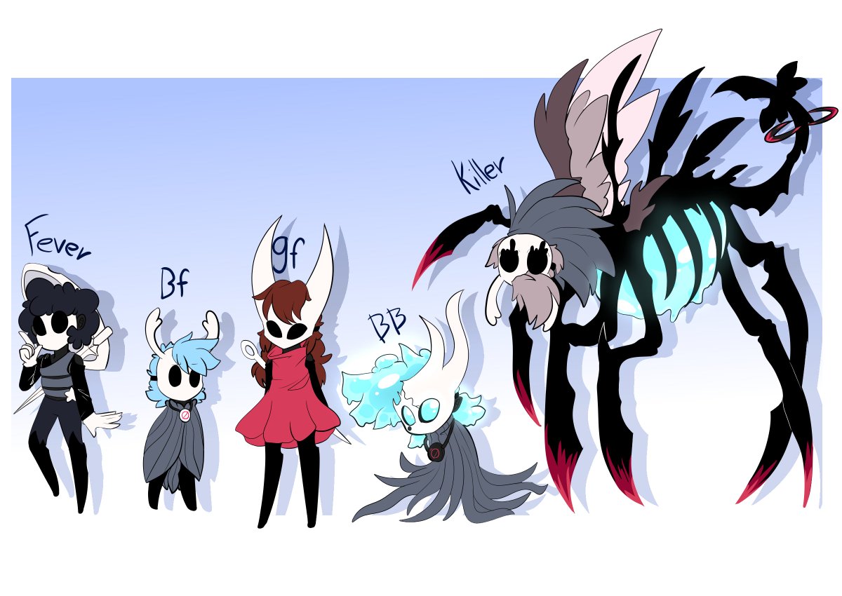SimplySaph00re's tweet photo. Random Fnf characters drawn as hollow knight characters || Fever: Quirrel, Bf: The Night, Gf: Hornet, BB: Broken Vessel, Killer: Nosk  || Just a random joke idea that came up lmao- https://t.co/5Mt7SzGf80