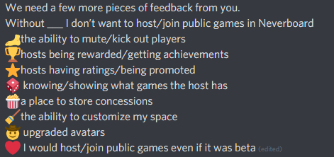 EverneverGames's tweet photo. If you've played Neverboard, please help with us feedback for future updates! https://t.co/hv5xKOyn5y 

if you aren't on Discord, feel free to answer here: 
🦶🏆⭐🎲 🍿🧹🤠 ❤️ https://t.co/pgjLU94uZX
