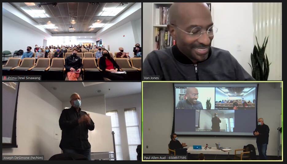 Joseph_DeSimone's tweet photo. Our @StanfordEng Career Building Class today w @VanJones68 & @SUBiodesign’s @joshatnea was a career highlight. Josh set an important framework on ideation. We got goosebumps being inspired by Van Jones “We can’t hold people accountable, until we can hold people” #POTUSMaterial https://t.co/aH3MxHh44Y