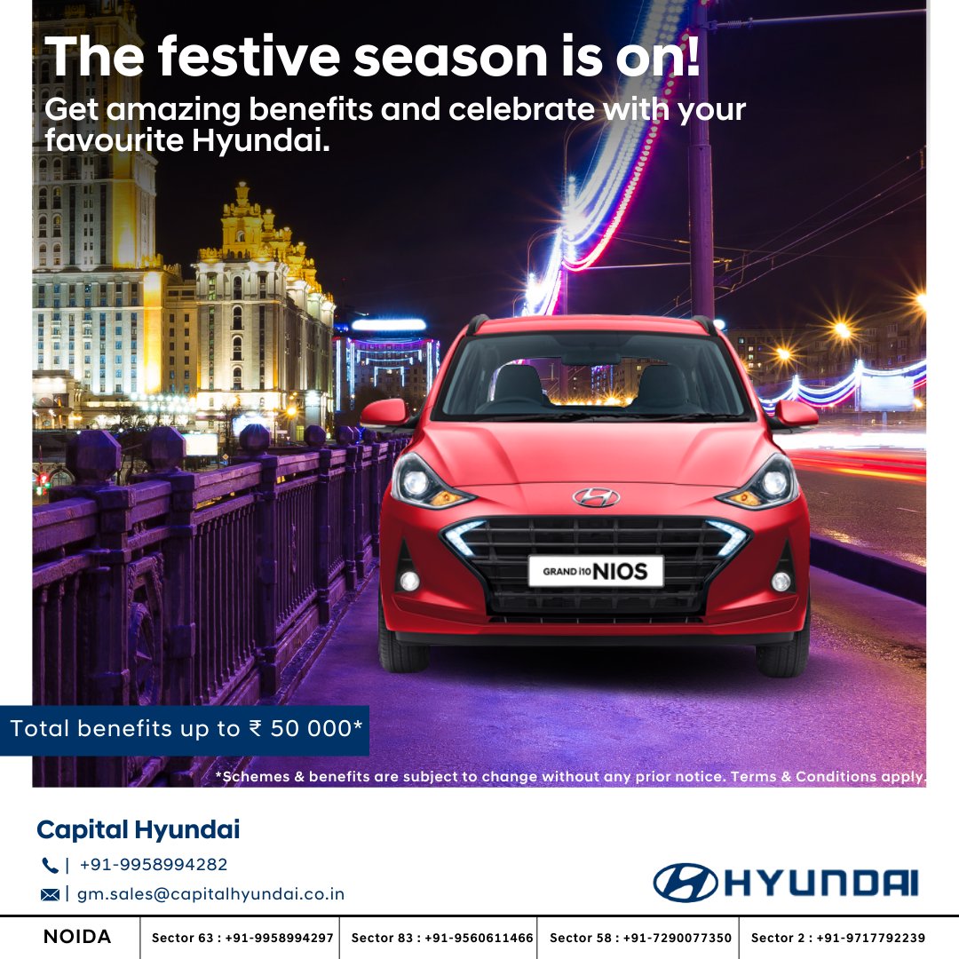 capital_hyundai's tweet photo. The Hyundai Grand i10 NIOS is a perfect match for the urban go-getter. It brings together exuberant design and advanced technology with smart ease to your life, making driving easier than ever before.
.
.
.
#Hyundai #HyundaiCars #HyundaiIndia #CapitalHyundai #NovemberOffers https://t.co/LAwrD0DLdL