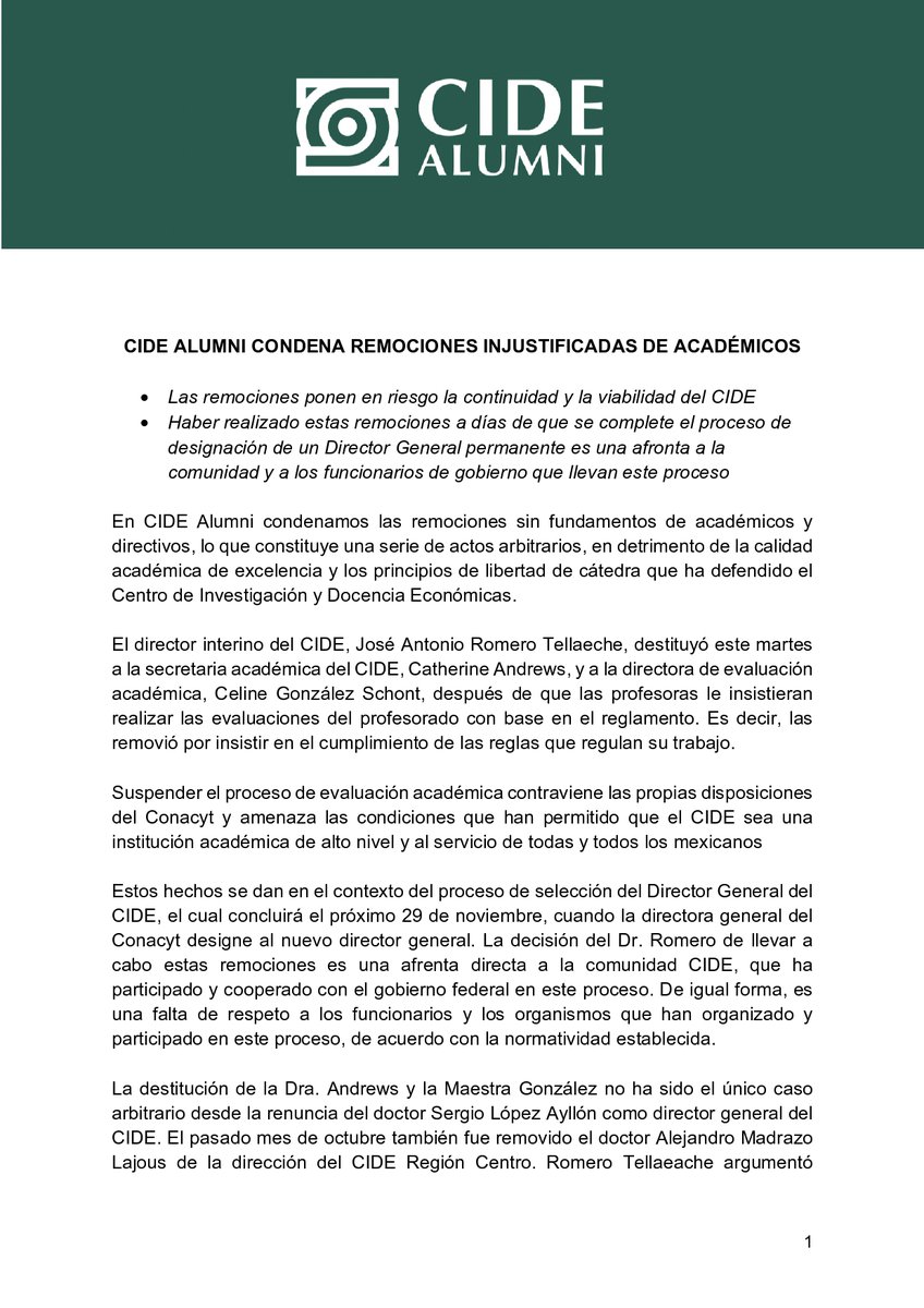CIDEAlumni's tweet photo. Sobre la destitución arbitraria de Catherine Andrews (@andrews_cath) de la secretaría académica del #CIDE, y de la directora de evaluación académica, Céline González Schont (@celinefa), les compartimos el siguiente pronunciamiento 👇🏾 https://t.co/qgnbQDNXrt