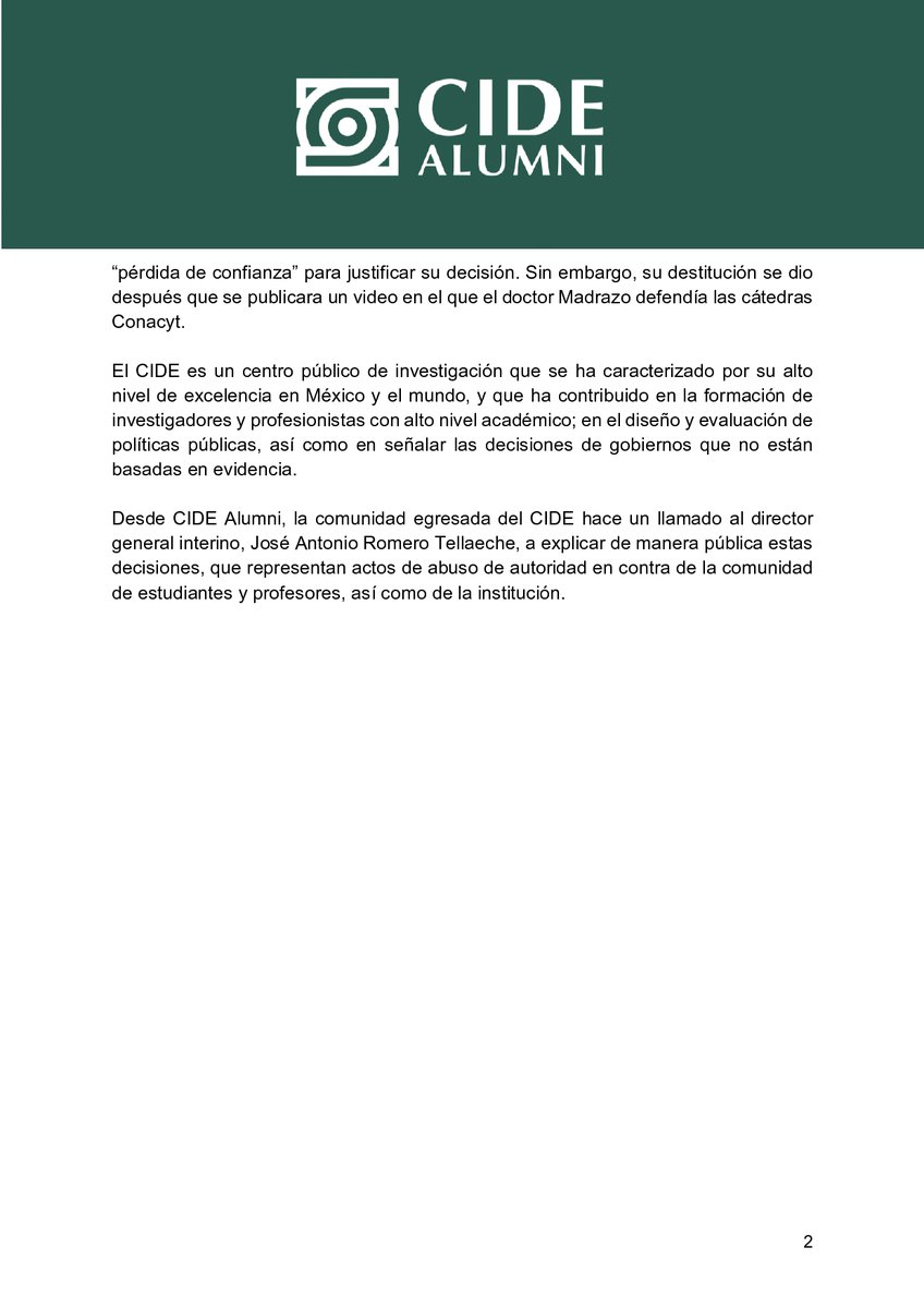 CIDEAlumni's tweet photo. Sobre la destitución arbitraria de Catherine Andrews (@andrews_cath) de la secretaría académica del #CIDE, y de la directora de evaluación académica, Céline González Schont (@celinefa), les compartimos el siguiente pronunciamiento 👇🏾 https://t.co/qgnbQDNXrt