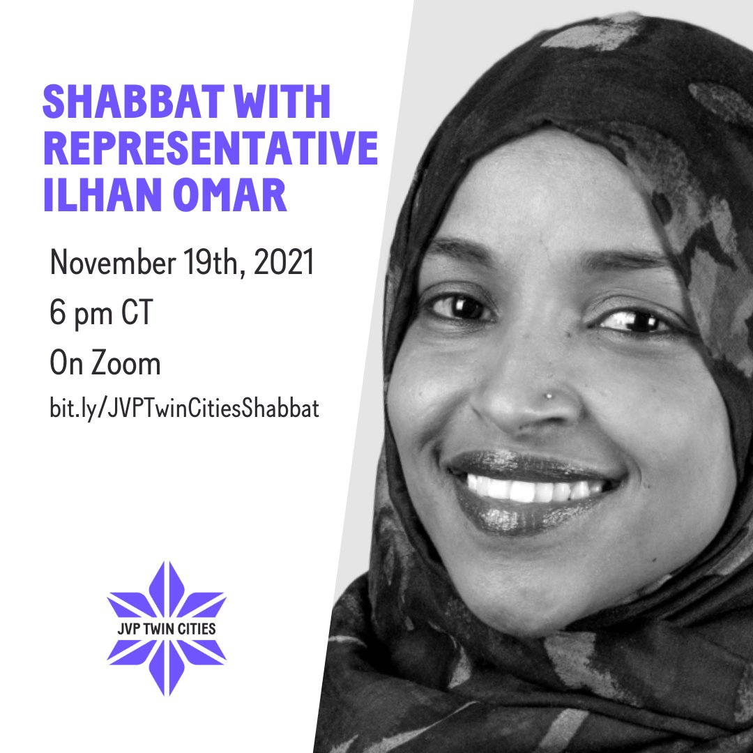 Join us this Friday for a virtual Shabbat with our Congresswoman, <a href="/IlhanMN/">Ilhan Omar</a>. We'll gather in community to welcome Shabbat together. RSVP at bit.ly/JVPTwinCitiesS… 
<a href="/JvpAction/">Jewish Voice for Peace Action</a>