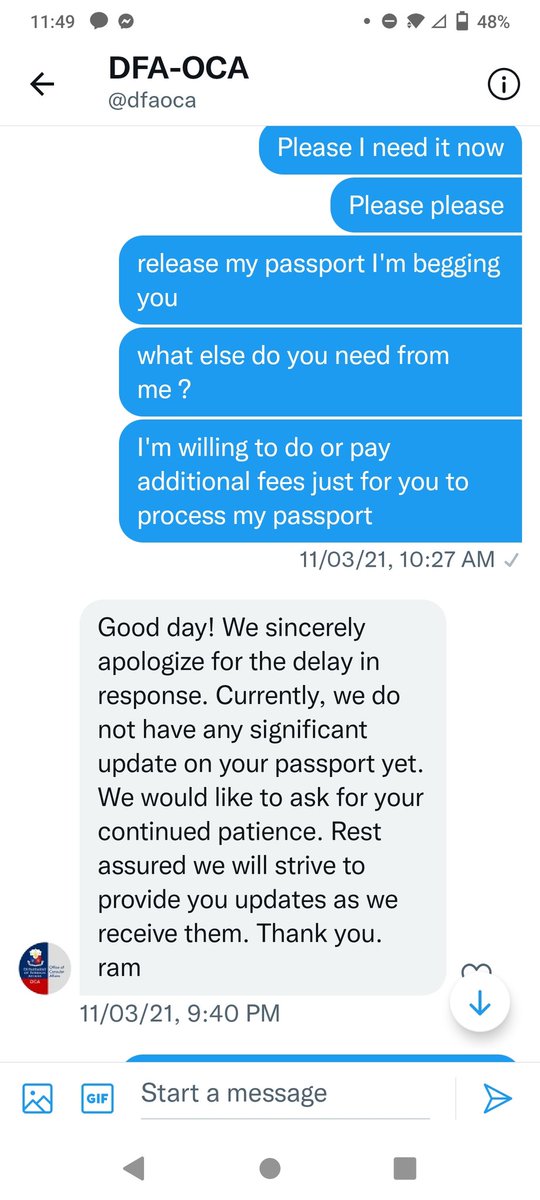 CyndelleJordan's tweet photo. @teddyboylocsin @DFAPHL @dfaoca Hi Sir @teddyboylocsin  I keep on sending emails, messages, and even calling all the hotline numbers and DFA's social media accounts. But they still don't give me any concrete answers when will my passport be delivered. Here's the most recent reply I received from @dfaoca https://t.co/rzQxs9cdaj