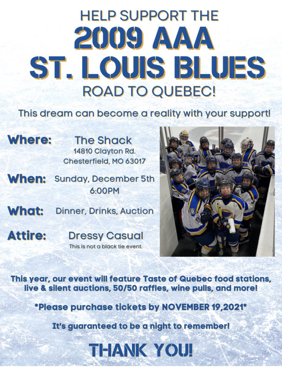 Barretjackman5's tweet photo. Time is short to get your tickets to the AAA Blues Peewee Quebec dinner/auction. So many amazing items to bid on. If you can’t attend there is still an opportunity to bid online to support the kids on the way to Quebec! https://t.co/0c3jHDbGVB https://t.co/emnqLGU5lk