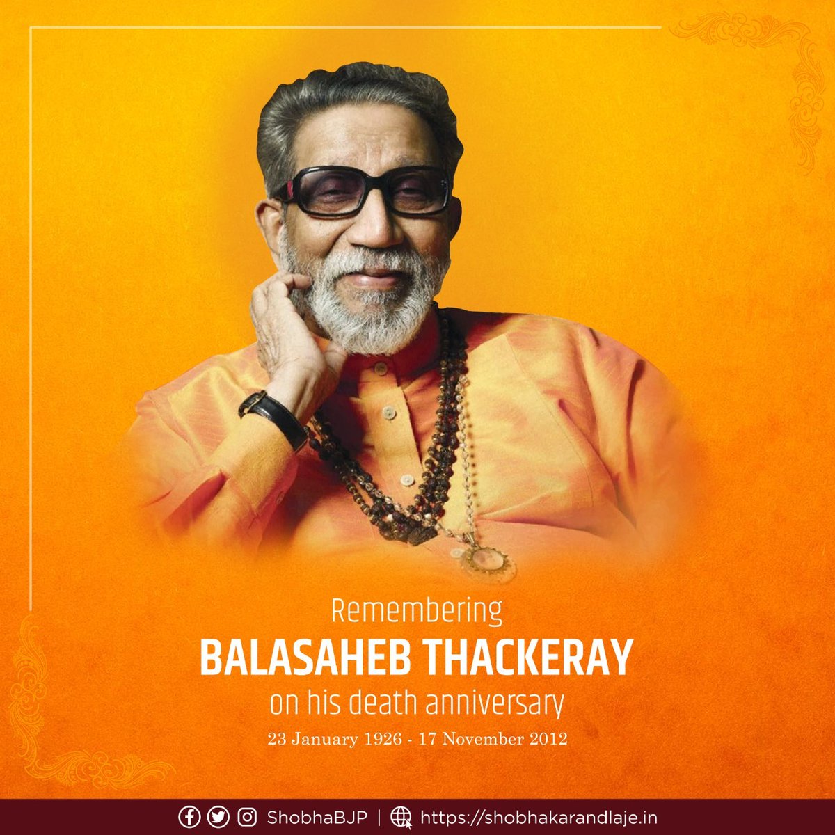 ShobhaBJP's tweet photo. Homage to 'Hindu Hriday Samrat,' Sri #BalasahebThackeray Ji on his Punya tithi!

He vociferously championed Hindutva and was uncompromising in defending the national interests.

His ideals &amp; thoughts continue to inspire all of us even today!
#BalThackeray https://t.co/HSCqiQgu7J
