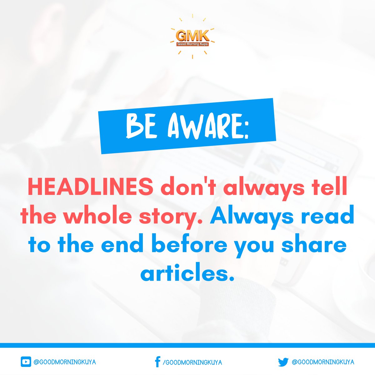 GoodMorningKuya's tweet photo. Be Aware Before You SHARE. Does it have a sensationalized headline?

Headlines don’t always tell the whole story. Always read to the end before you share articles about coronavirus, including those about vaccines.

Source: WHO Philippines https://t.co/GYACMJ4LYx