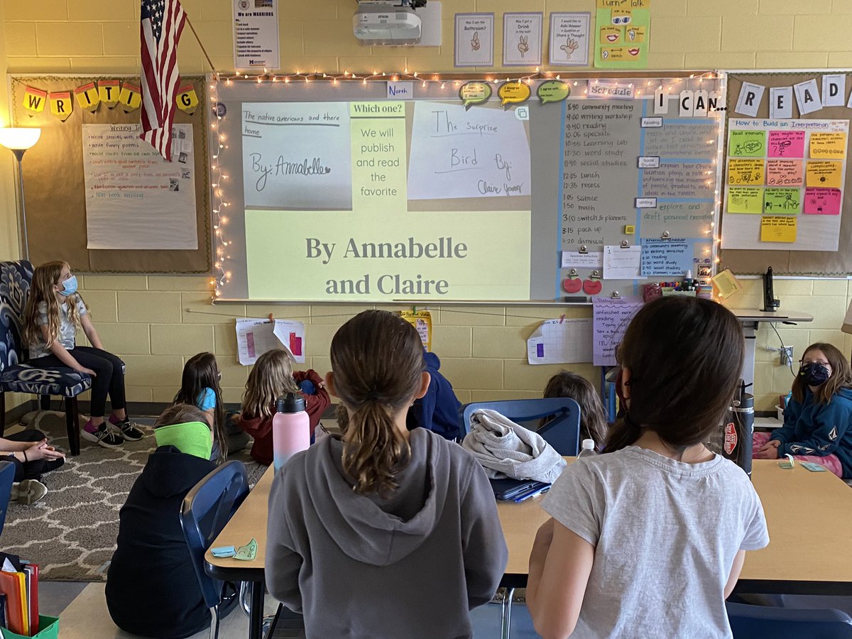 MrsZimpelman's tweet photo. 2 students have taken the initiative to become writing partners and draft personal narratives during our “soft start” time. They’re at the final stage of the writing process. Today they polled the class during meeting to see which piece they should publish first. #beingawriter https://t.co/wmonWPEgNk