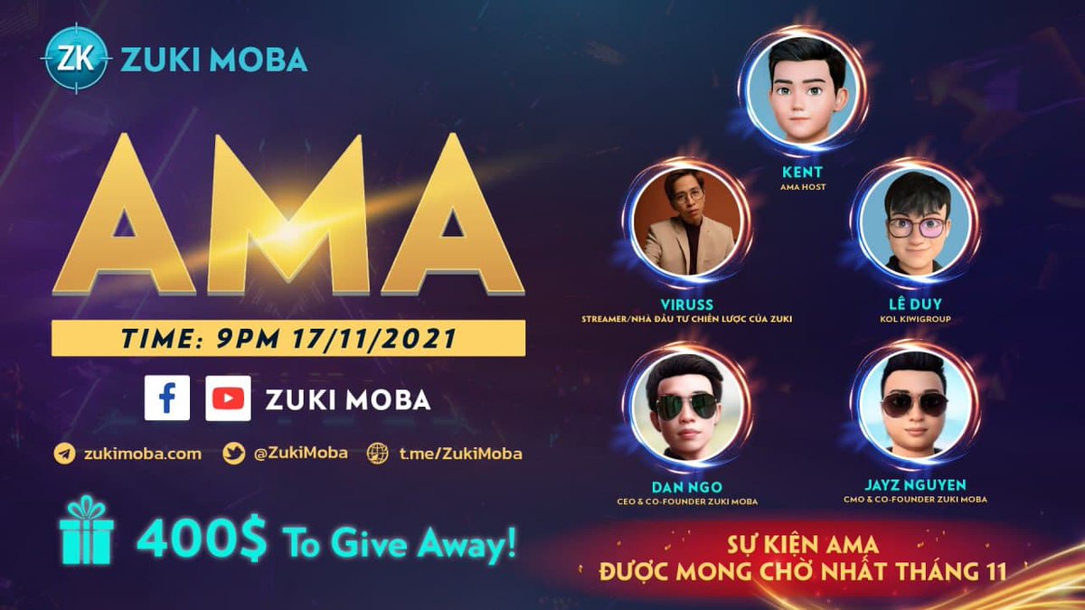 🔥[HOT AMA NOV 17]🔥
The appearance of """"You-Know-Who"""" - ViruSs &amp; Le Duy - KOL KiwiGROUP

📌 Date and Time: 21:00 (UTC+7), Nov 17

🕌 Venue:  
Facebook: facebook.com/ZukiMoba
Youtube: youtube.com/c/ZukiMoba/fea…

🎁Huge reward: $400
#ZukiMoba #NFT #GameFi #Metaverse #NFTGame