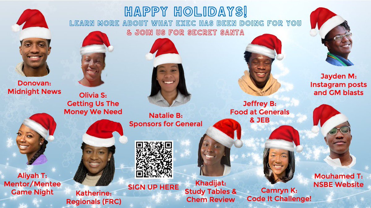 SECRET SANTA WITH NSBE‼️SIGN UP FORM IN THE LINK IN THE BIO‼️‼️

JOIN AND SPREAD SOME JOY AND LOVE!