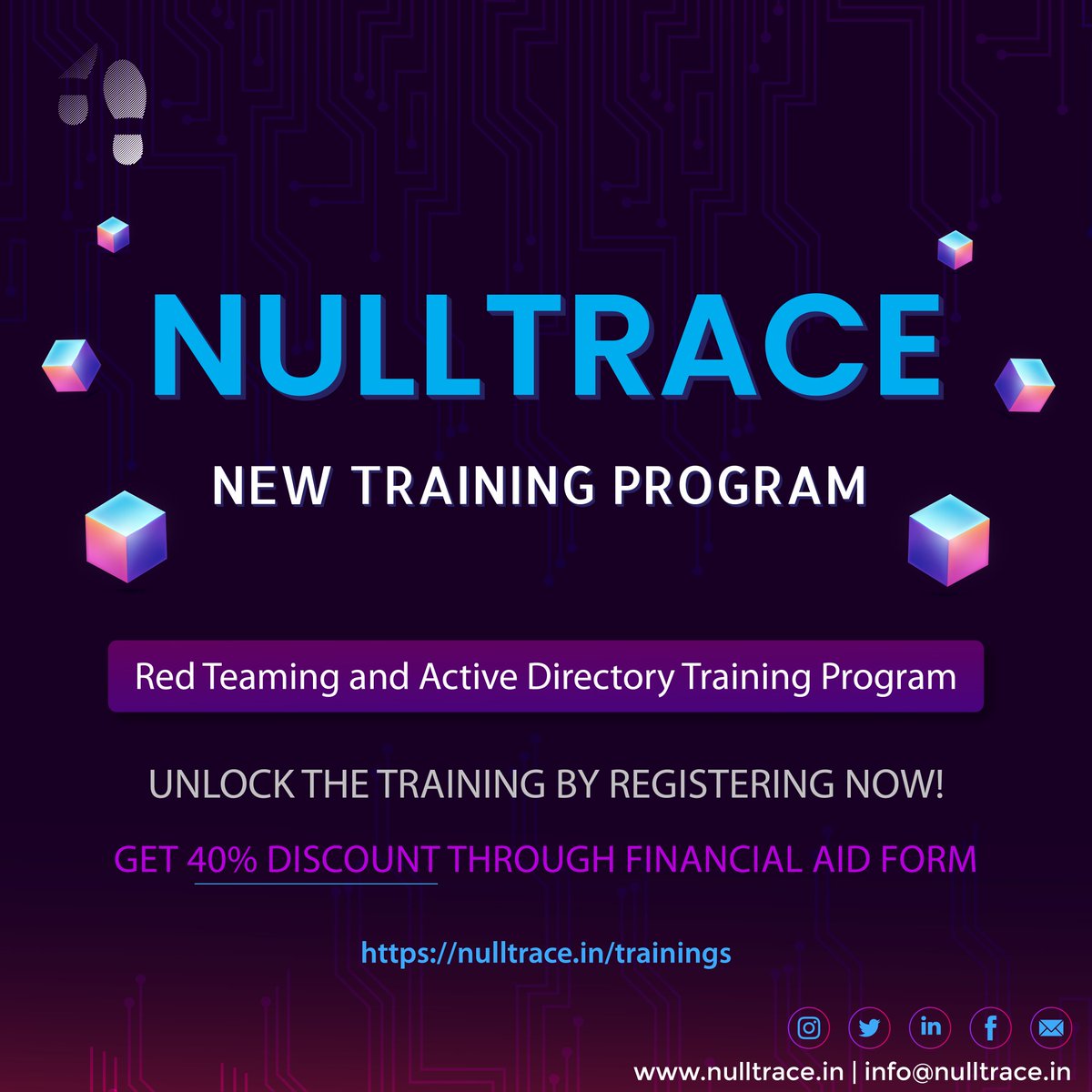 _nulltrace's tweet photo. Our training will give hands-on opportunities to perform penetration testing on real-world scenarios &amp; Red Team engagements. 🔥

Register at:
https://t.co/wIY5ylWyMt 

Financial Aid:
https://t.co/itEUxa73LY

Free Workshop Joining Link:
https://t.co/luHQzVR9mj

#redteaming #skills https://t.co/YiqfnVFGKd