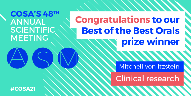 COSAoncology's tweet photo. Congratulations  Mitchell von Itzstein for your excellent presentation amongst a very strong field at #COSA21 #clinicalresearch

Proudly sponsored by @MSD_Aus https://t.co/HTgj7OZxeo
