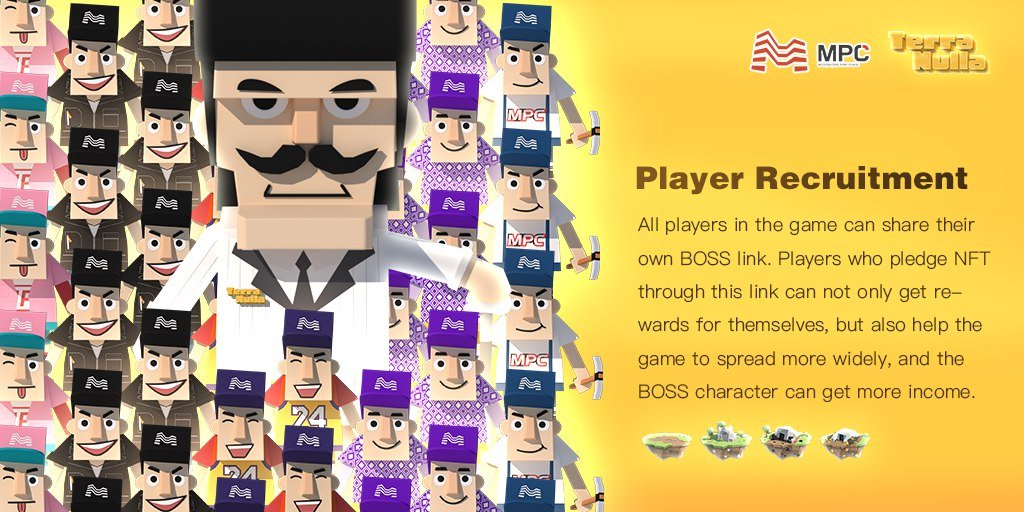 📲Check out the #PlayerRecruitment Feature🔥at #MPC 

💁‍♂️In the game🎮all players can share their own BOSS link. Players who pledge #NFT through this link & the BOSS character can get more income🤑

Here's  More⬇️
bit.ly/3kBMz9K

#MPC #Gaming #NFTs #Metaverse #P2E