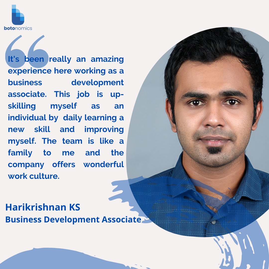 botonomics's tweet photo. Meet Harikrishnan KS, working as Business Development Associate, is our newest addition to Team Botonomics Automations LLP.

Hari shares his experience working at Botonomics so far!

#TeeDeeSpeak #Botonomics #TeeDee #chatbots https://t.co/1mAm5rwYq5