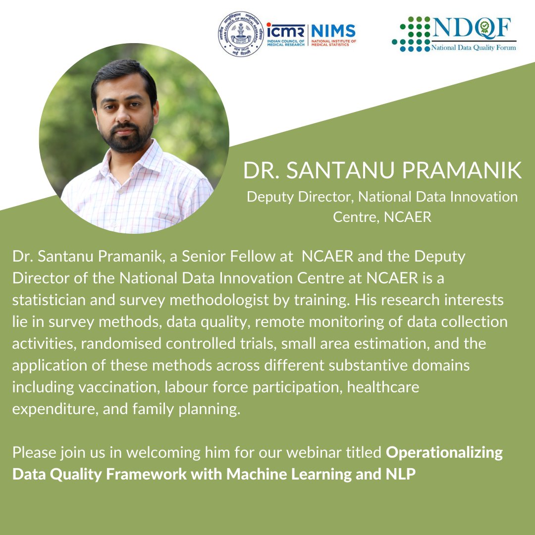 We are delighted to have @Santanu_NDIC  with us as one of the key discussants for our upcoming webinar on Operationalizing Data Quality Framework with Machine Learning and NLP. Tune in on Nov 18 <a href="/5PM/">5pm.co.uk</a>. Head to the link to register! tinyurl.com/53f33ek2 <a href="/IIITDelhi/">IIIT Delhi</a> <a href="/ncaer/">NCAER</a>