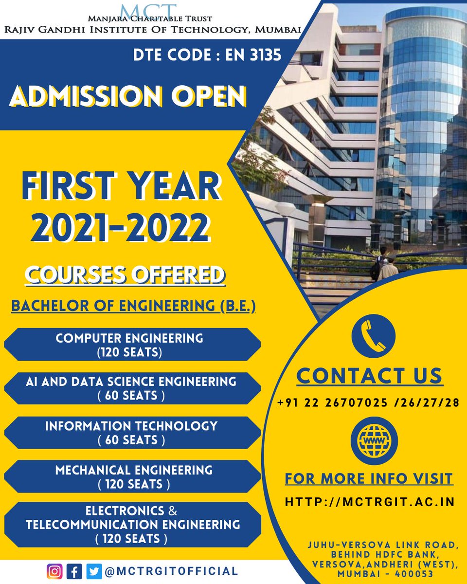 mctrgitofficial's tweet image. First Year Engineering Admission Enquiry form: mctrgit.ac.in/fe-admissions-…
RGIT Websites :mctrgit.ac.in
Address:Juhu Versova Link Rd, behind HDFC Bank,Versova, Andheri(W) Mumbai, Maharashtra 400053
Contact:+912226707025
#mctrgit #mumbaiuniversity #engineering #feadmission