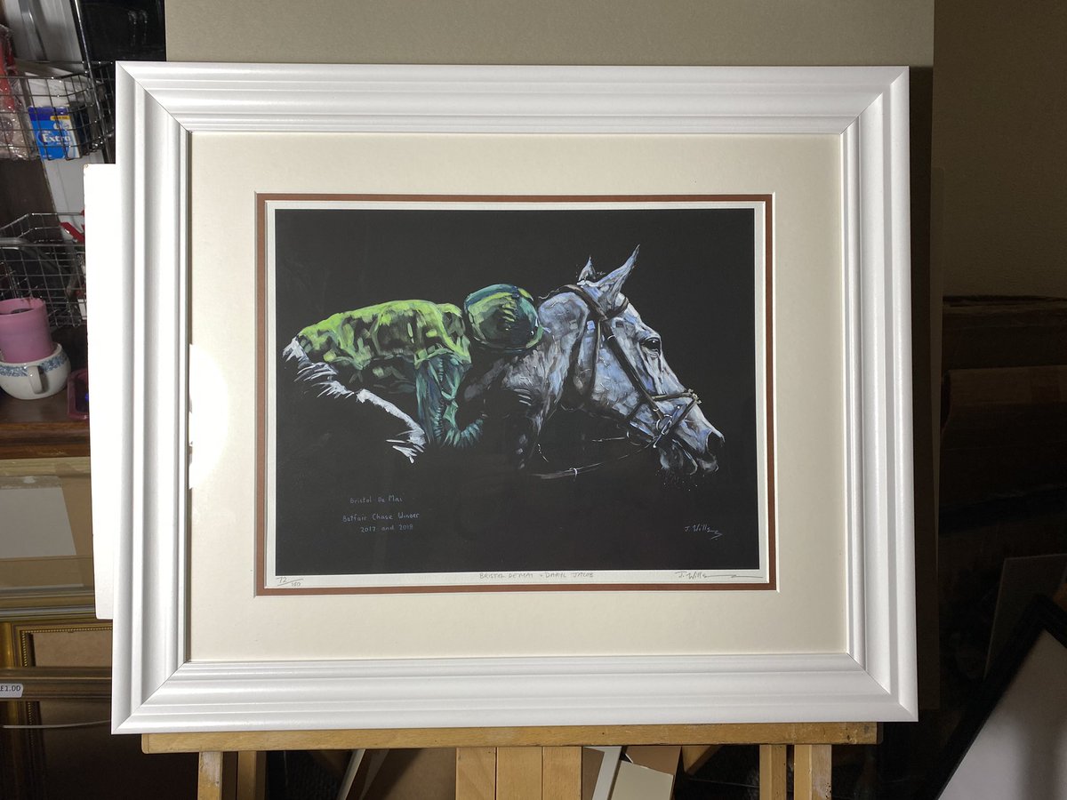 Bristol de Mai framed up in a white frame for a customer . Not many left of this edition of 100 #artist #WednesdayMotivation  #racing #Betfairchase #Bristoldemai  @DoubleGreenFan1  Good luck on saturday @Dazjacob10 come home safe .