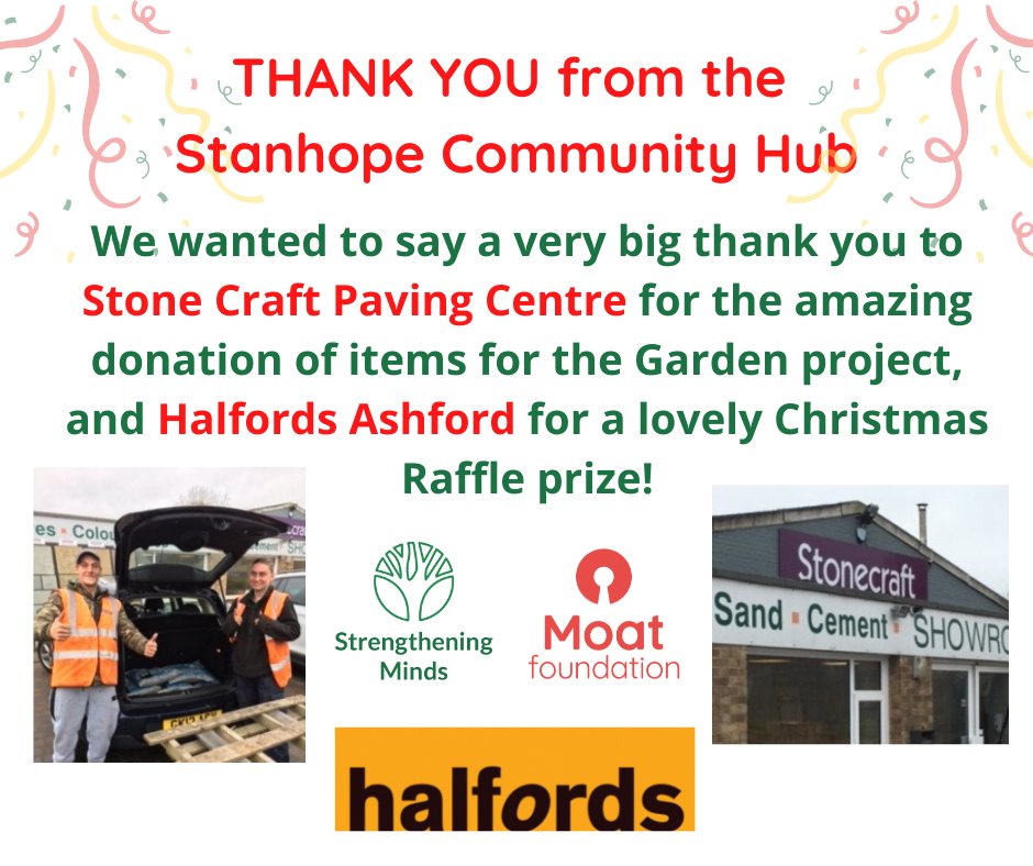 We have been the recipient of some wonderful donations! A VERY BIG THANK YOU to Stone Craft Paving in Ashford for the amazing donations for our garden and <a href="/Halfords_uk/">Halfords</a> Ashford for a lovely Christmas Raffle prize
<a href="/moathomes/">Moat</a> <a href="/MoatFoundation/">Moat Foundation</a>