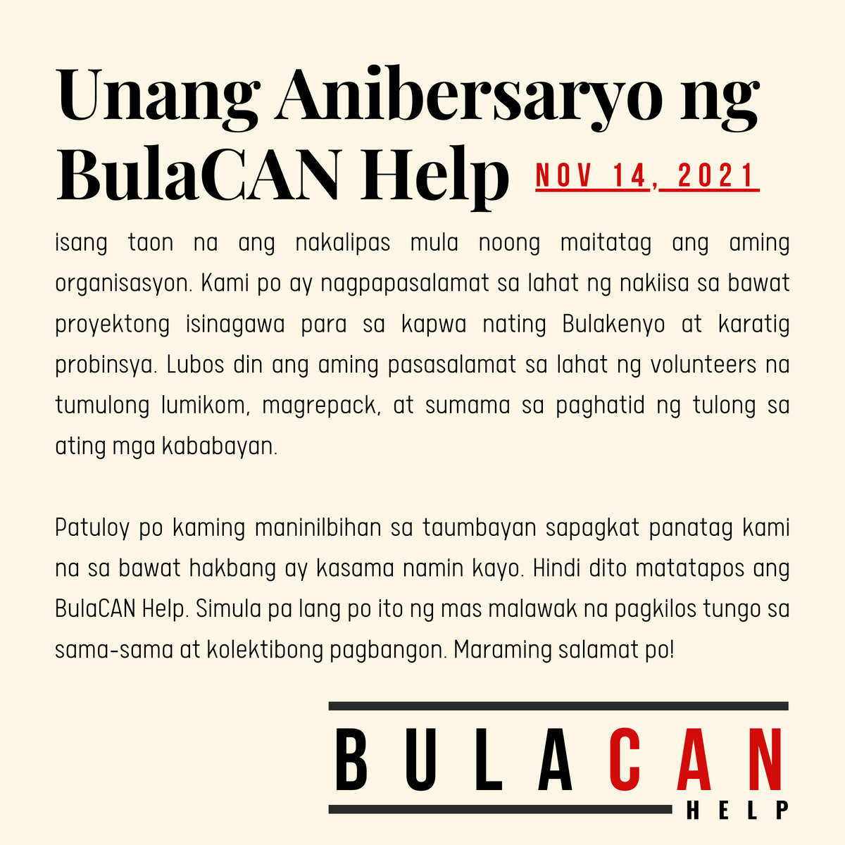 BulaCANHelp's tweet photo. UNANG ANIBERSARYO NG @BulaCANHelp๐ฅณ
Maraming salamat sa lahat ng sumuporta sa aming mga proyekto sa nakalipas na taon. Patuloy pong maninilbihan ang BulaCAN Help sa taumbayan sapagkat panatag kami na sa bawat hakbang ay kasama namin kayo.
#BulaCANhelp https://t.co/P17juIZpFa