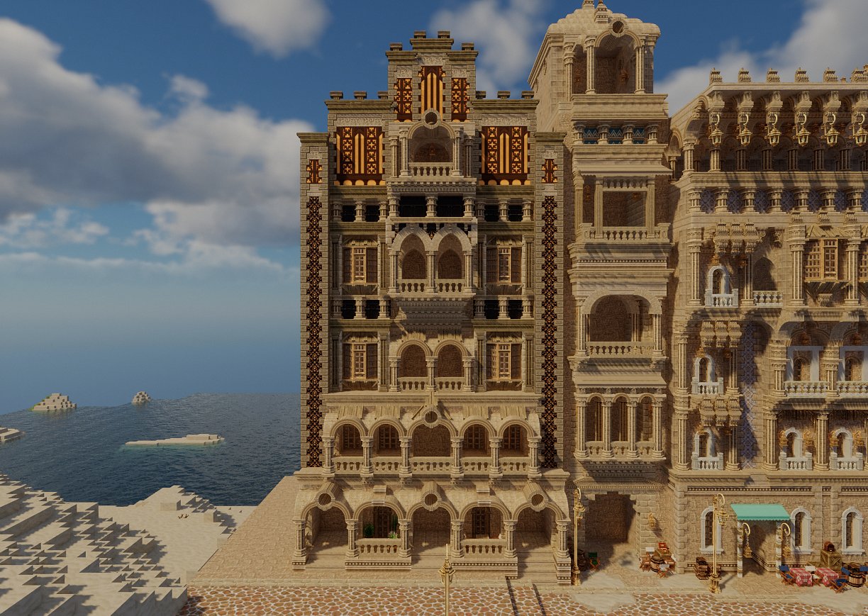 もちごめおこめ 遺跡と黄金の街 ガゼボっぽい屋根を意識したマンションと 少し斜めのレストランです そして3枚目 砂漠の街にはビーチが必要 W Miniaturia Minecraft建築コミュ Minecraft マイクラ マイクラ建築 T Co Lxpbvpklue