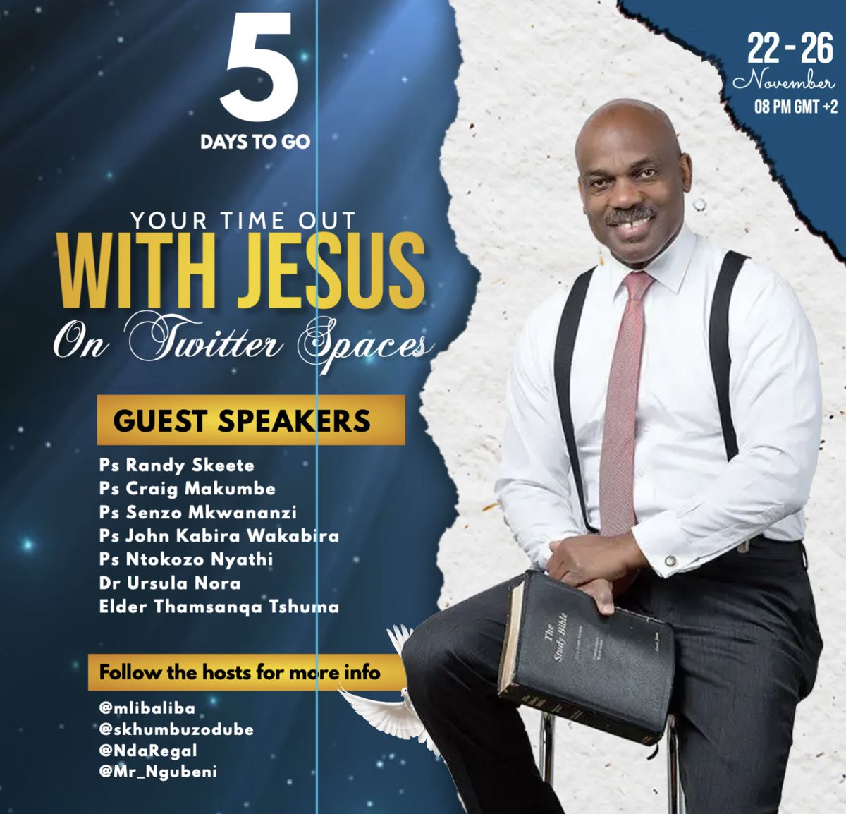 NdaRegal's tweet photo. Just 5 days to go.
Follow @mlibaliba, @skhumbuzodube, @NdaRegal, and @Mr_Ngubeni for more details. You don't want to miss this #TimeOutWithJesus
Don't miss out https://t.co/uLLUVNEQIo