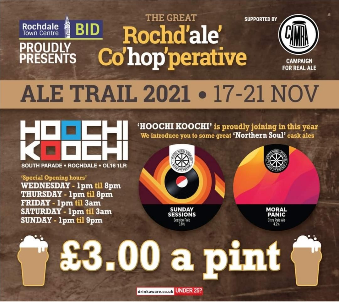 Hoochi Koochi has extended opening hours through the Rochd'ale' Co'hop'erative Ale Trail!

#DrinkLocal l <a href="/Roch_Beer_Fest/">The Great Rochd'ale Co'hop'erative Ale Trail 2021</a>